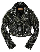 Women's Silver Belted Brando Biker Jacket with Studded Dome & Tree Spikes – Leather Motorcycle Jacket